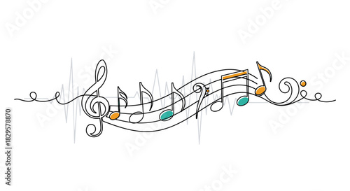 Continuous line drawing of a musical staff with a treble clef and various notes, featuring a subtle waveform background and colorful accents.