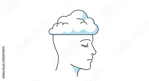 Conceptual illustration of a human head with closed eyes and a cloud resting on top, symbolizing deep thought, dreams, or mental fogginess.