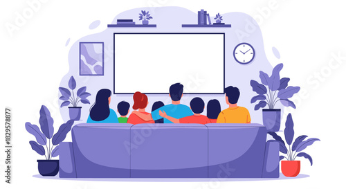 A happy family of parents and children sitting on a comfortable sofa, enjoying a movie or show on television in their modern living room.