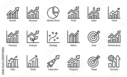 Set of business growth and financial success line icons with increasing charts, market share, profit, sales, and trend symbols