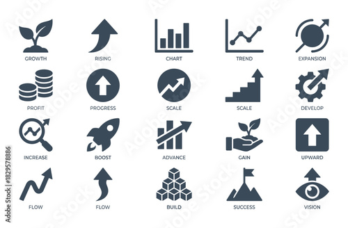 Business growth and development icon set representing profit, progress, and expansion