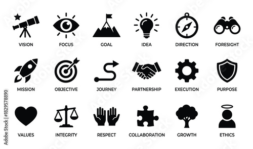 Core values and business icons set representing vision, mission, and company principles