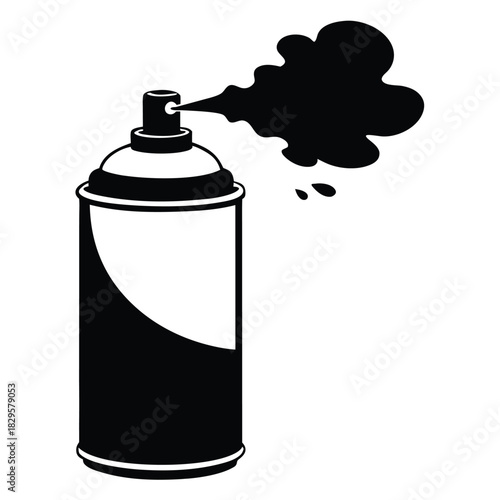 Black aerosol paint sprays strongly from a metal can in an isolated image