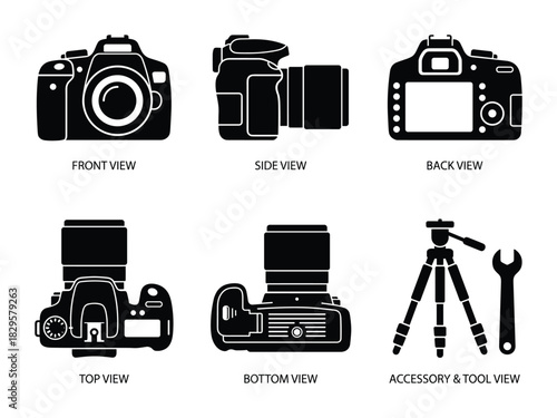 Camera icon set showing multiple views of dslr with lens including front side back top bottom and accessory view