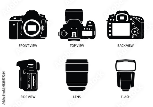 Collection of camera views lens and flash from various angles for visual representation