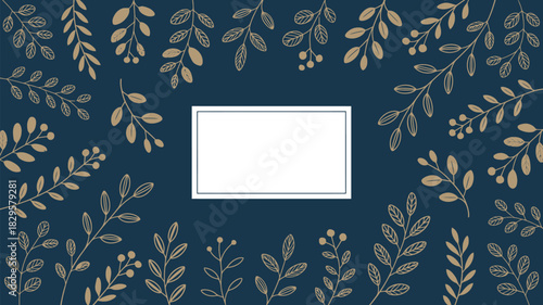 Botanical frame with white rectangle on dark blue background with gold leaves and berry accents design