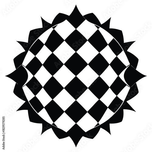 Checkerboard sunburst pattern displays a contrasting monochrome design, creating optical interest and appeal