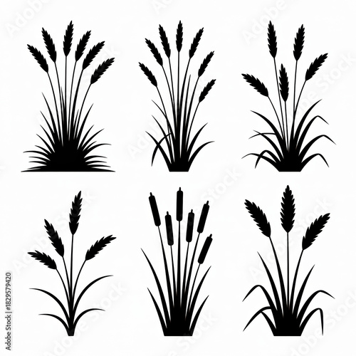 A clean, minimalist, vector graphic illustration featuring six distinct silhouettes of tall, grassy plants arranged in a 2x3 grid against a pure white background. 