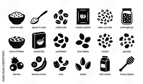 Breakfast cereal variety icons set: oats, flakes, muesli, granola, with various toppings like berries, nuts, and milk