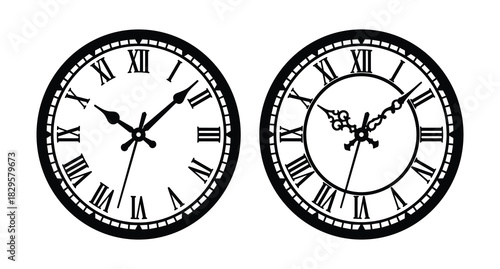 Two vintage-style clock faces with roman numerals and ornate hands on white background