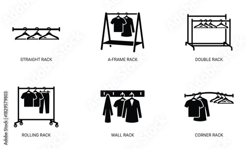 Clothing rack and hanger icons for retail or home storage solutions, including straight, a-frame, and double racks