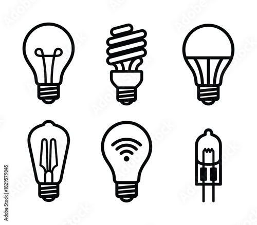 Light bulb icons set including incandescent fluorescent led filament and smart bulb designs