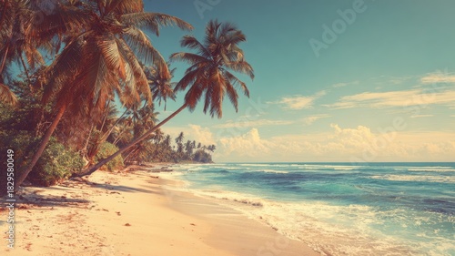 Fototapeta Naklejka Na Ścianę i Meble -  Tropical sandy ocean beach with tall palm trees under warm vintage toned sunlight and gentle film style flare creating serene coastal paradise atmosphere