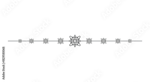 Minimal horizontal divider with delicate black snowflakes aligned along a thin line on a clean white background, ideal for Christmas invitations, greeting cards, web banners, page borders and winter