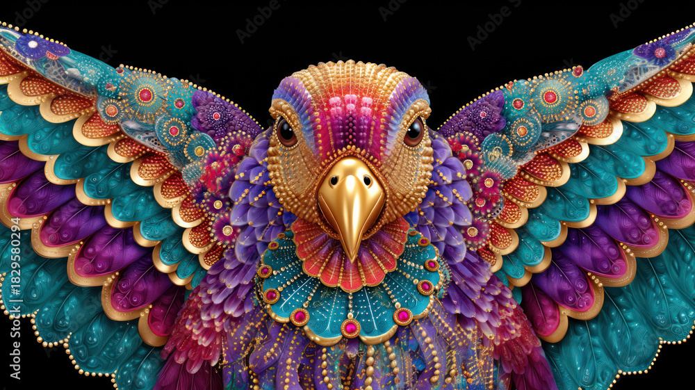 Naklejka premium Bright fantastic firebird or phoenix head close-up, full of ornate details, on black background