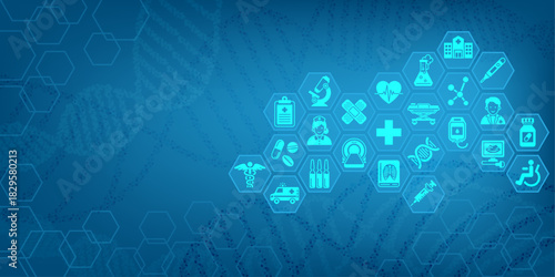 Medical background and healthcare abstract technology with flat icons. Design template of concept for hospital, health care business, innovation medicine, science. Vector illustration.