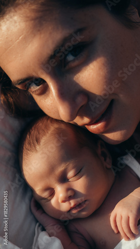 Tender embrace of mother and newborn baby. Closeup captures intimate moment, representing love, family, care,  new beginnings. Ideal for parenting  lifestyle.