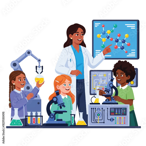 Diverse children engaged in a vibrant science experiment with a female teacher guiding them, showcasing learning and discovery in a modern laboratory setting