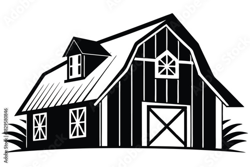 Black and white shows an American barn with windows and a door