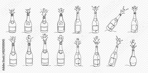 Collection of hand-drawn line art illustrations of popping champagne bottles for celebrations.