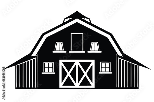 Black barn showcases an open double door and window details against a white background