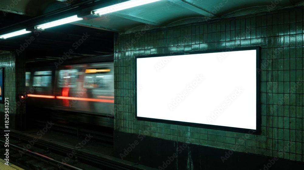 Fototapeta premium Blank Advertising Billboard in Subway Station. Mockup template on dark underground train platform with motion blur train passing