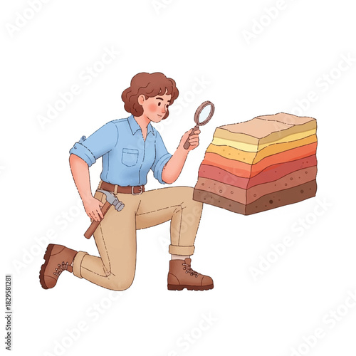 Scientist Examining Stratified Rock Layers with Magnifying Glass