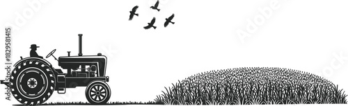 Farmer Driving Vintage Tractor Silhouette Vector, Agriculture Field and Flying Birds Graphic, Rural Farming Landscape Panorama, Harvest Season Illustration