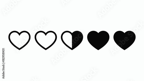 A row of five hearts showing a progression from outline to fully filled in on a white background