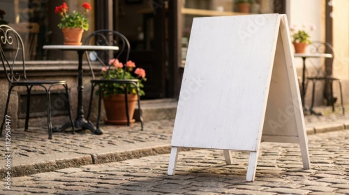 Fototapeta Naklejka Na Ścianę i Meble -  Blank White Chalkboard Sign in Front of Cafe. Wooden A-frame sandwich board mockup template on cobblestone street pavement with outdoor bistro seating, soft golden hour light