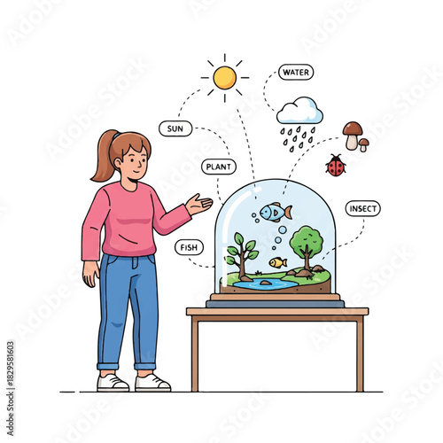 Illustration of a girl presenting a miniature ecosystem under a glass dome
