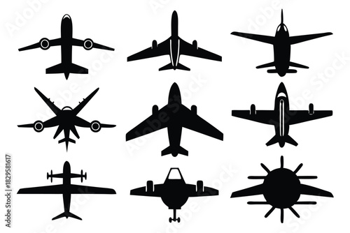 Several different kinds of aircraft and plane silhouettes against a plain white background