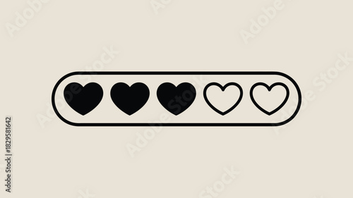 Horizontal progress bar with three filled black hearts and two outlined white hearts on a beige background