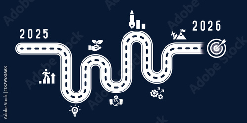 The business roadmap of new year 2026 banner template vector illustration with success, target, strategic business journey, innovation, sustainability, teamwork and goal achievement for 2026 plan.