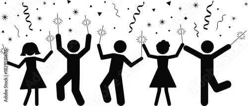 Celebrating People Stick Figures Vector Silhouette, Party with Sparklers and Confetti, Happy Group Dancing Icon, New Year Holiday Celebration Graphic