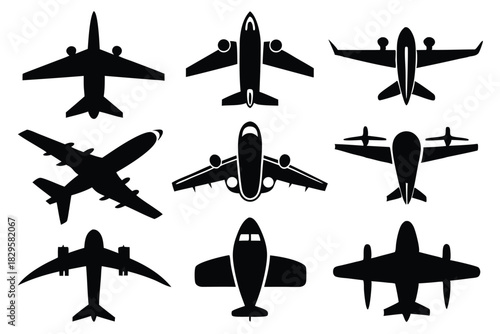 Silhouetted planes offer diverse aircraft shapes and sizes viewed from above, all in black