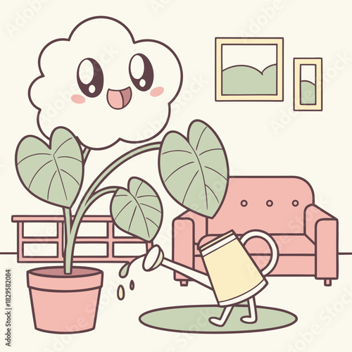 Cute Kawaii Plant Care Vector Illustration, Happy Cloud Character Watering Houseplant, Indoor Gardening, Minimalist Pastel Line Art, Home Decor