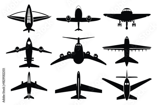 Diverse airplane silhouettes are shown in a compilation, viewed from above against white