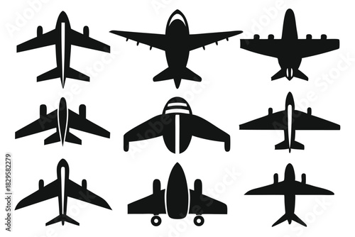 Diverse airplane silhouettes are arranged in a grid pattern, all appearing in simple black shapes
