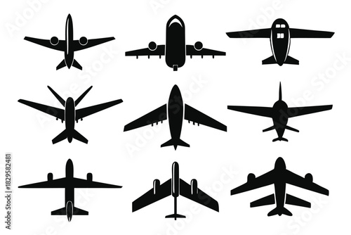 Several black airplane icons are arranged in an appealing group on a white surface