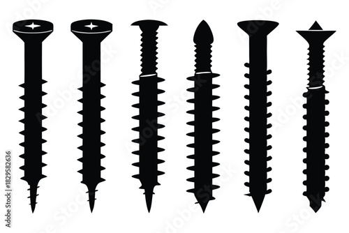 Different types of black screws are featured in a simple row display