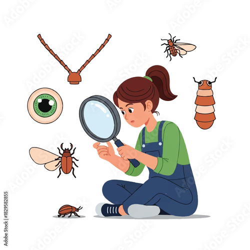 Young scientist examining insects with a magnifying glass, exploring the world of entomology