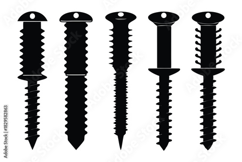 Five different screw designs, all in black silhouette, feature diverse head shapes and thread patterns