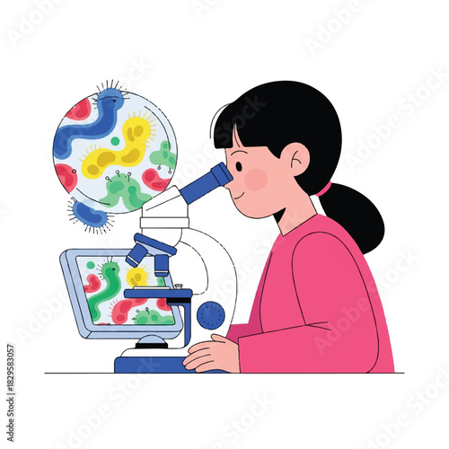 Young scientist observing microorganisms under a microscope