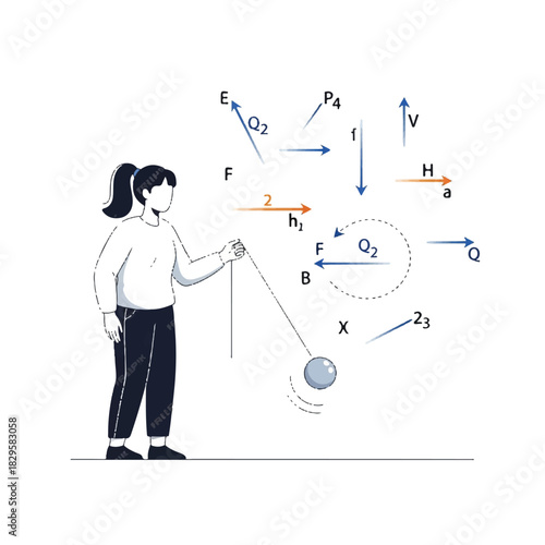 Physics concept demonstration with a girl playing with a pendulum