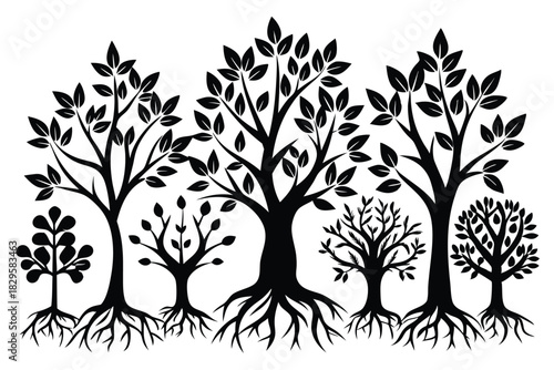 Diverse black tree silhouettes are arranged along the ground with visible roots and leaves