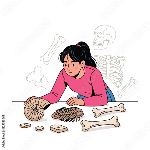Paleontologist Examining Ancient Fossils and Skeletons on Table