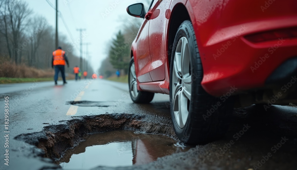 Naklejka premium Red car drives on wet road with big pothole. Road workers in reflective vests perform repairs during rain. Infrastructure damage presents traffic danger.