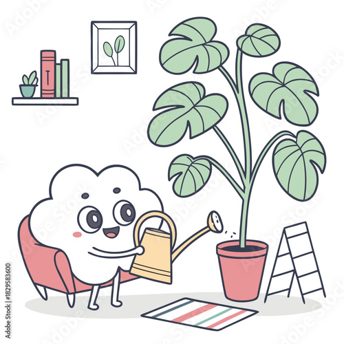 Kawaii Cloud Character Watering Houseplant Vector, Cute Monstera Plant Care, Indoor Gardening, Cozy Home Scene, Minimalist Pastel Line Art Illustration