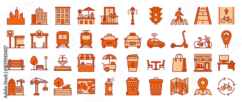 City and transport solid icon set. includes building, cafe, balcony, traffic light, stairs, bike, metro, taxi. Vector collection